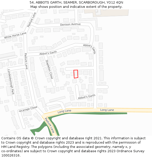 54, ABBOTS GARTH, SEAMER, SCARBOROUGH, YO12 4QN: Location map and indicative extent of plot