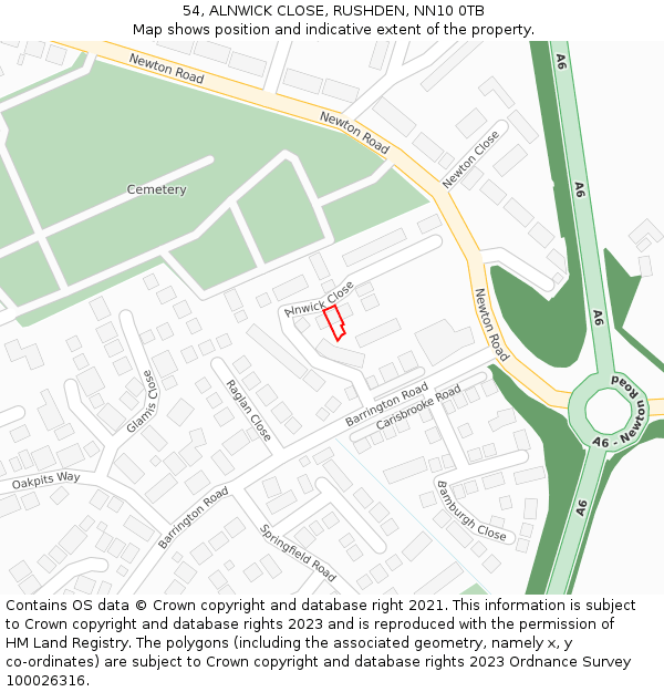 54, ALNWICK CLOSE, RUSHDEN, NN10 0TB: Location map and indicative extent of plot