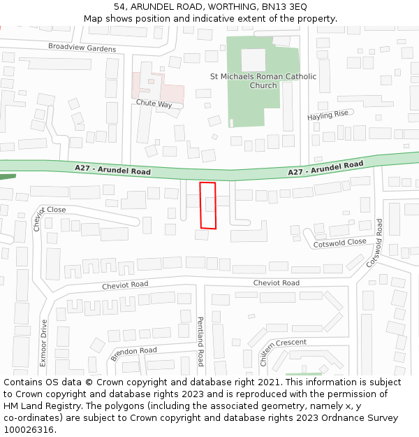 54, ARUNDEL ROAD, WORTHING, BN13 3EQ: Location map and indicative extent of plot