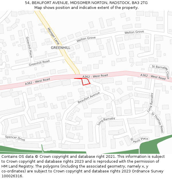 54, BEAUFORT AVENUE, MIDSOMER NORTON, RADSTOCK, BA3 2TG: Location map and indicative extent of plot