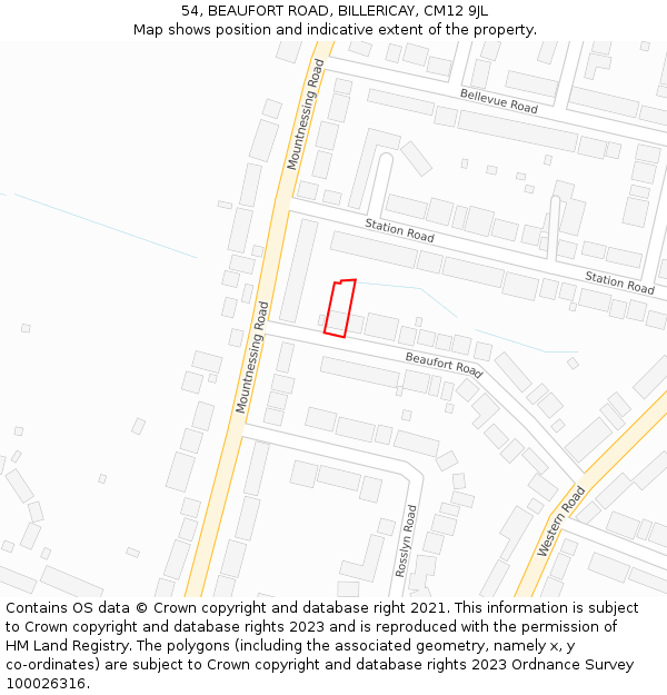 54, BEAUFORT ROAD, BILLERICAY, CM12 9JL: Location map and indicative extent of plot