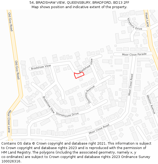 54, BRADSHAW VIEW, QUEENSBURY, BRADFORD, BD13 2FF: Location map and indicative extent of plot