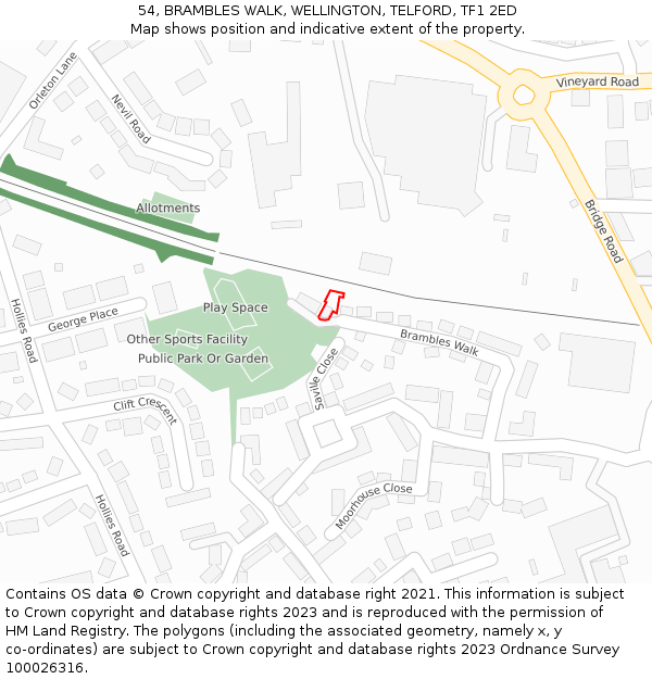 54, BRAMBLES WALK, WELLINGTON, TELFORD, TF1 2ED: Location map and indicative extent of plot