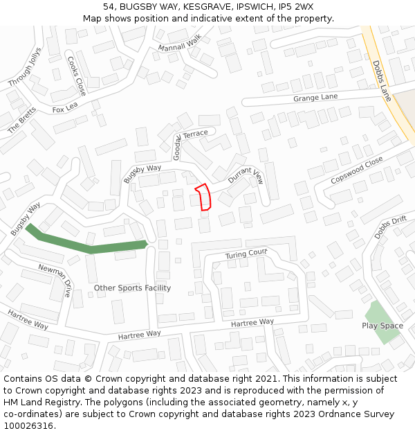 54, BUGSBY WAY, KESGRAVE, IPSWICH, IP5 2WX: Location map and indicative extent of plot