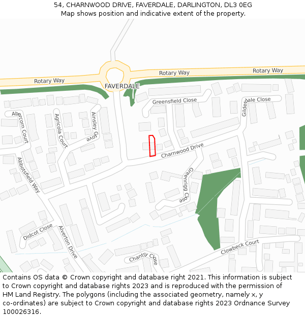54, CHARNWOOD DRIVE, FAVERDALE, DARLINGTON, DL3 0EG: Location map and indicative extent of plot