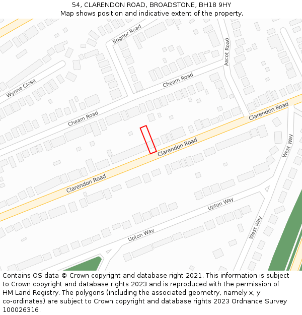 54, CLARENDON ROAD, BROADSTONE, BH18 9HY: Location map and indicative extent of plot