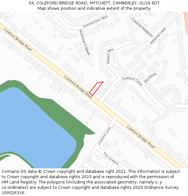 54, COLEFORD BRIDGE ROAD, MYTCHETT, CAMBERLEY, GU16 6DT: Location map and indicative extent of plot