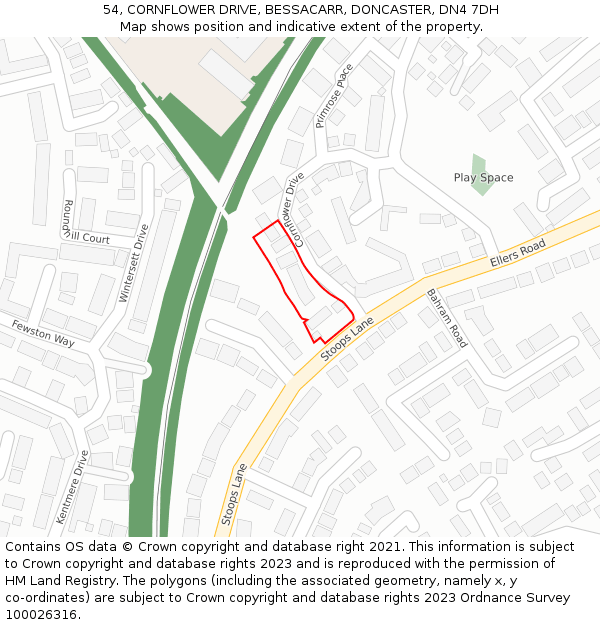 54, CORNFLOWER DRIVE, BESSACARR, DONCASTER, DN4 7DH: Location map and indicative extent of plot