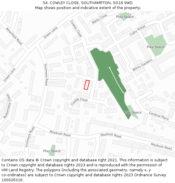 54, COWLEY CLOSE, SOUTHAMPTON, SO16 9WD: Location map and indicative extent of plot