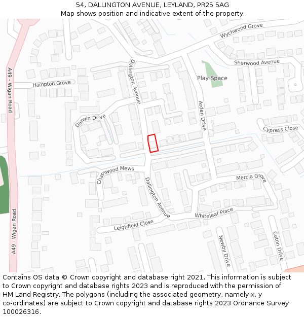 54, DALLINGTON AVENUE, LEYLAND, PR25 5AG: Location map and indicative extent of plot