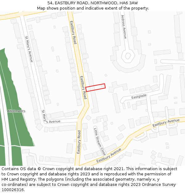 54, EASTBURY ROAD, NORTHWOOD, HA6 3AW: Location map and indicative extent of plot