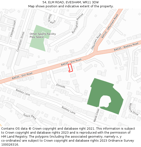 54, ELM ROAD, EVESHAM, WR11 3DW: Location map and indicative extent of plot