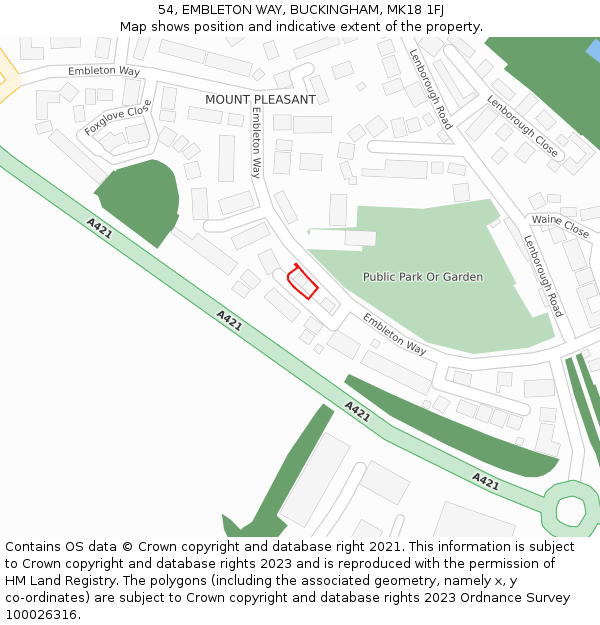 54, EMBLETON WAY, BUCKINGHAM, MK18 1FJ: Location map and indicative extent of plot
