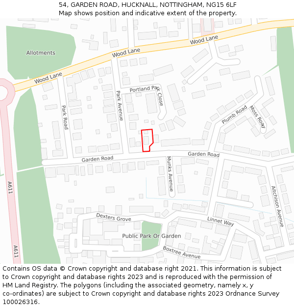 54, GARDEN ROAD, HUCKNALL, NOTTINGHAM, NG15 6LF: Location map and indicative extent of plot