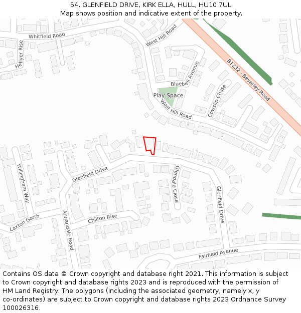 54, GLENFIELD DRIVE, KIRK ELLA, HULL, HU10 7UL: Location map and indicative extent of plot