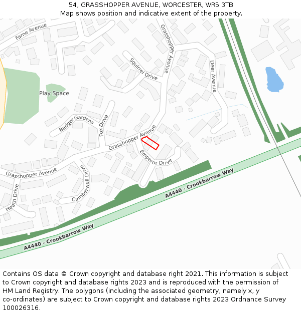 54, GRASSHOPPER AVENUE, WORCESTER, WR5 3TB: Location map and indicative extent of plot
