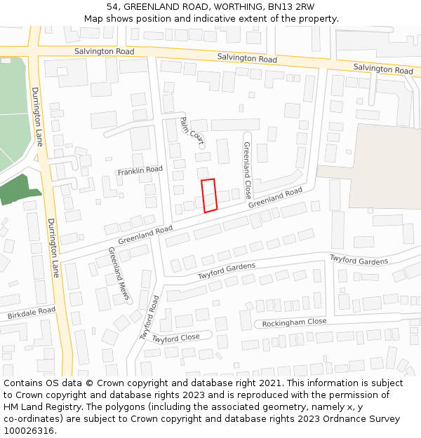 54, GREENLAND ROAD, WORTHING, BN13 2RW: Location map and indicative extent of plot