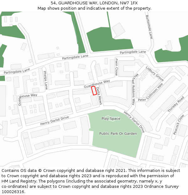 54, GUARDHOUSE WAY, LONDON, NW7 1FX: Location map and indicative extent of plot