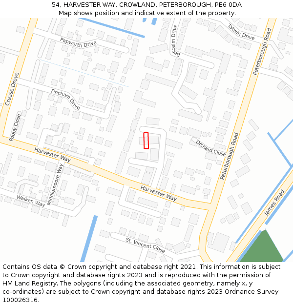 54, HARVESTER WAY, CROWLAND, PETERBOROUGH, PE6 0DA: Location map and indicative extent of plot