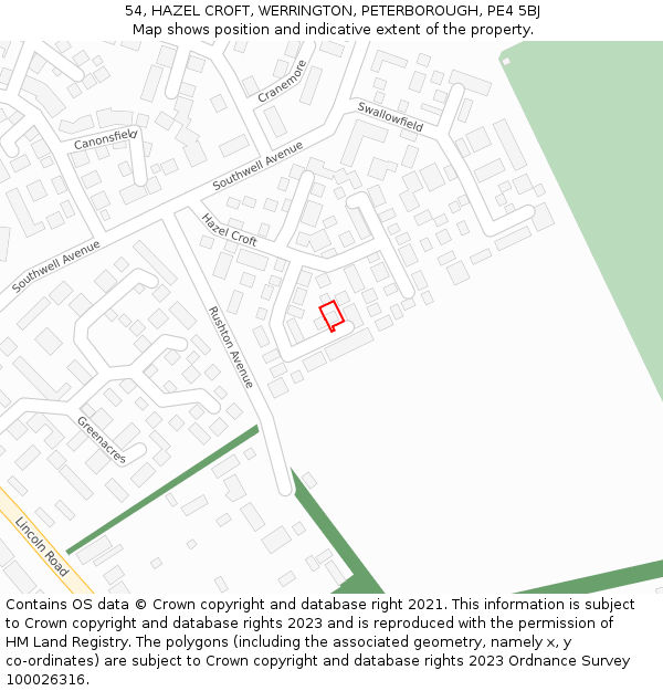 54, HAZEL CROFT, WERRINGTON, PETERBOROUGH, PE4 5BJ: Location map and indicative extent of plot