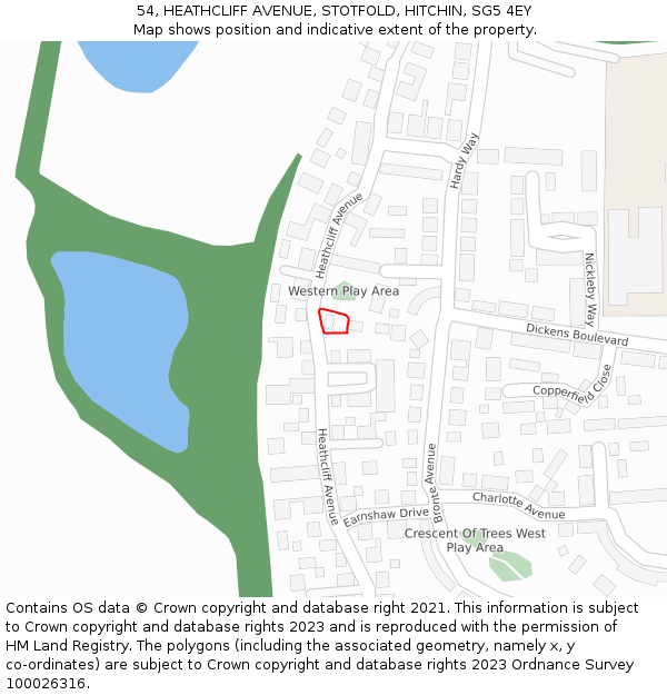 54, HEATHCLIFF AVENUE, STOTFOLD, HITCHIN, SG5 4EY: Location map and indicative extent of plot