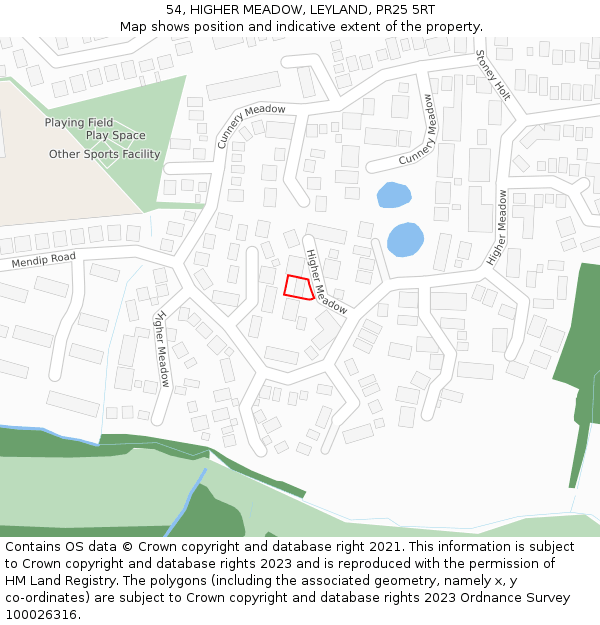 54, HIGHER MEADOW, LEYLAND, PR25 5RT: Location map and indicative extent of plot