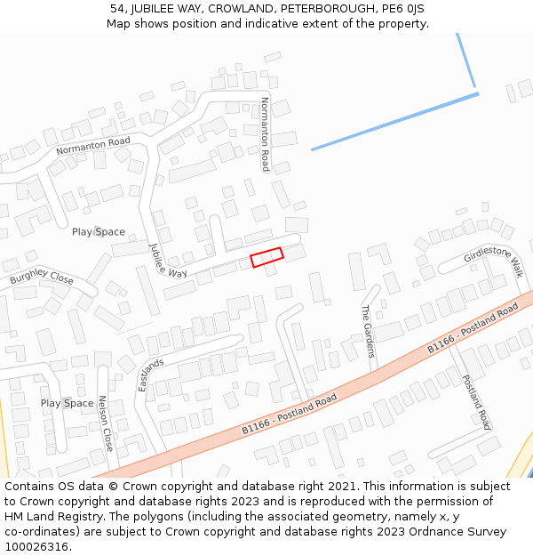 54, JUBILEE WAY, CROWLAND, PETERBOROUGH, PE6 0JS: Location map and indicative extent of plot