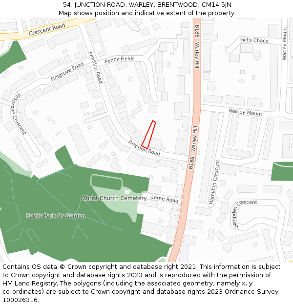 54, JUNCTION ROAD, WARLEY, BRENTWOOD, CM14 5JN: Location map and indicative extent of plot