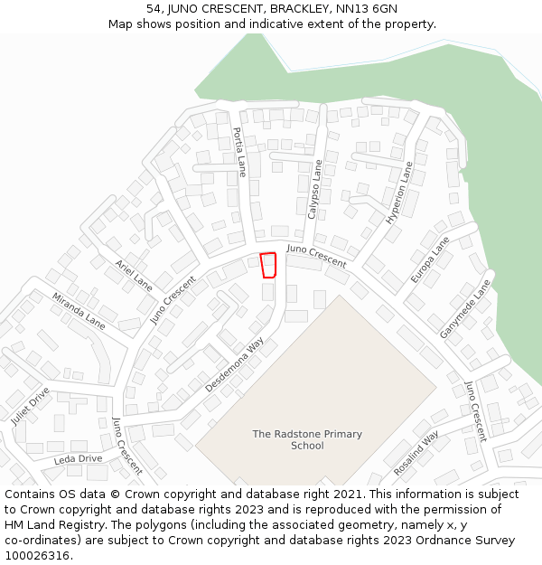54, JUNO CRESCENT, BRACKLEY, NN13 6GN: Location map and indicative extent of plot