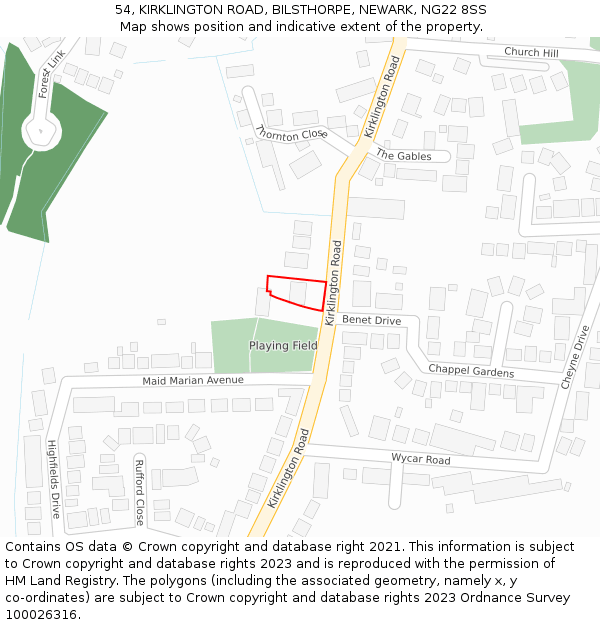 54, KIRKLINGTON ROAD, BILSTHORPE, NEWARK, NG22 8SS: Location map and indicative extent of plot