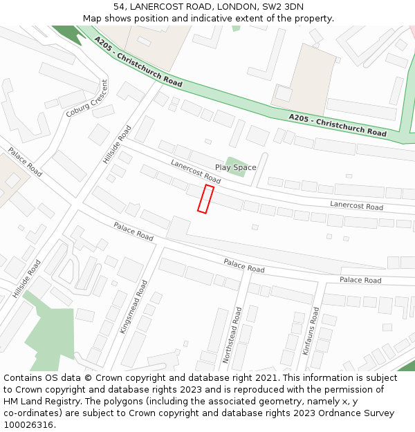54, LANERCOST ROAD, LONDON, SW2 3DN: Location map and indicative extent of plot