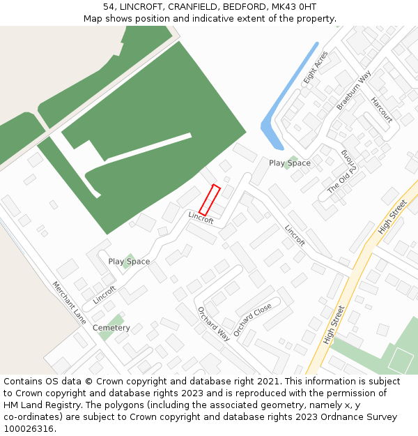 54, LINCROFT, CRANFIELD, BEDFORD, MK43 0HT: Location map and indicative extent of plot