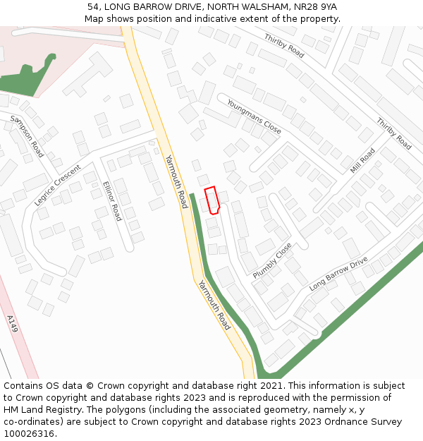 54, LONG BARROW DRIVE, NORTH WALSHAM, NR28 9YA: Location map and indicative extent of plot