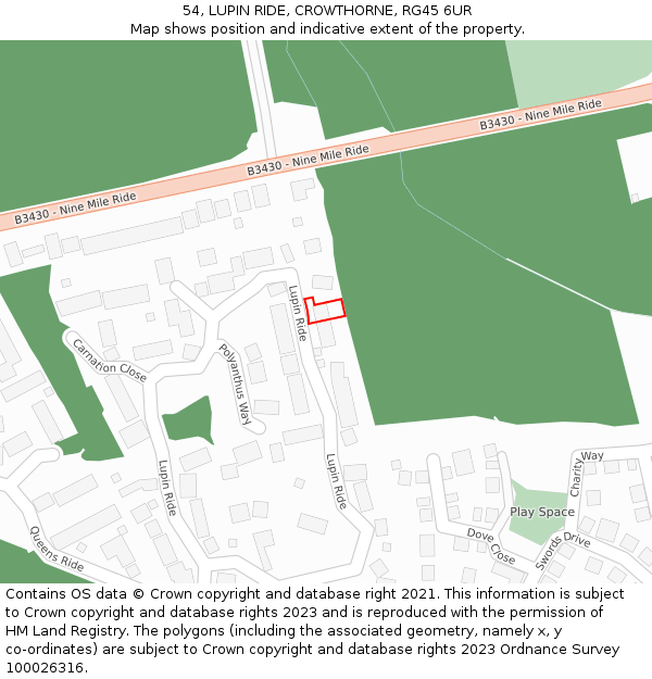 54, LUPIN RIDE, CROWTHORNE, RG45 6UR: Location map and indicative extent of plot