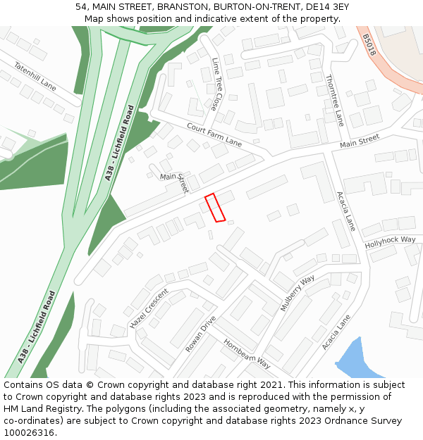 54, MAIN STREET, BRANSTON, BURTON-ON-TRENT, DE14 3EY: Location map and indicative extent of plot