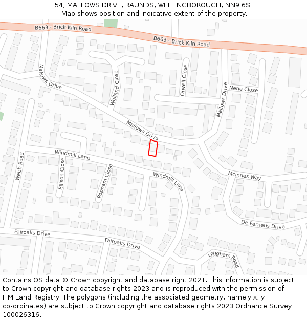 54, MALLOWS DRIVE, RAUNDS, WELLINGBOROUGH, NN9 6SF: Location map and indicative extent of plot