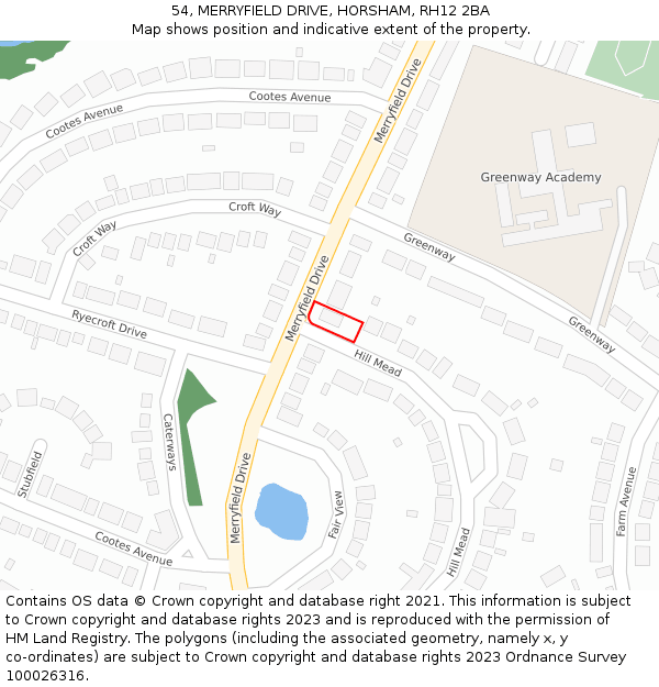 54, MERRYFIELD DRIVE, HORSHAM, RH12 2BA: Location map and indicative extent of plot