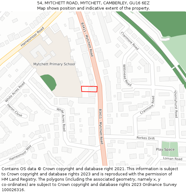 54, MYTCHETT ROAD, MYTCHETT, CAMBERLEY, GU16 6EZ: Location map and indicative extent of plot
