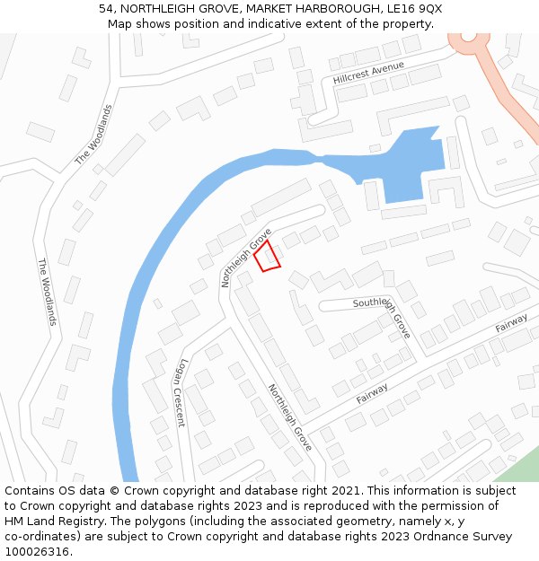 54, NORTHLEIGH GROVE, MARKET HARBOROUGH, LE16 9QX: Location map and indicative extent of plot