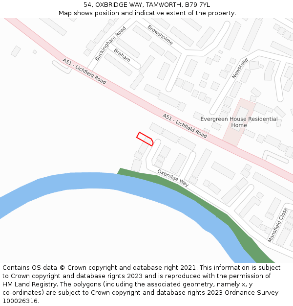 54, OXBRIDGE WAY, TAMWORTH, B79 7YL: Location map and indicative extent of plot