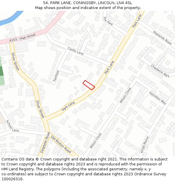 54, PARK LANE, CONINGSBY, LINCOLN, LN4 4SL: Location map and indicative extent of plot