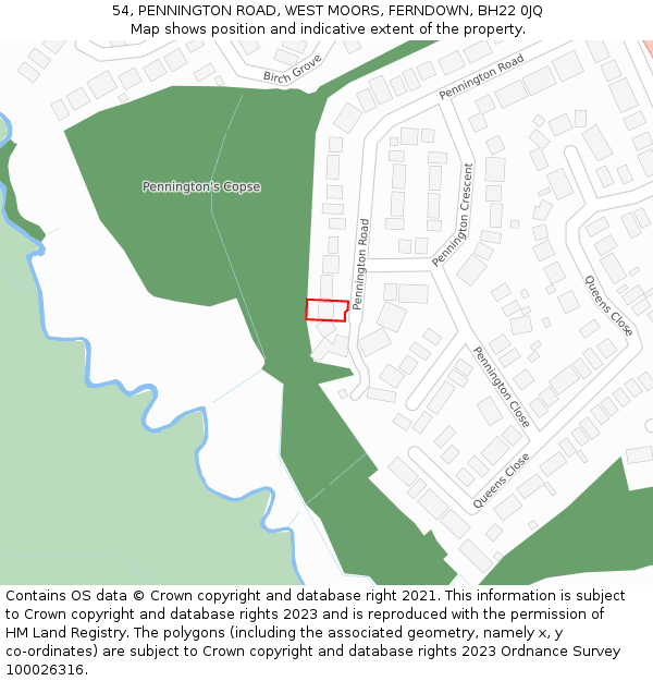 54, PENNINGTON ROAD, WEST MOORS, FERNDOWN, BH22 0JQ: Location map and indicative extent of plot