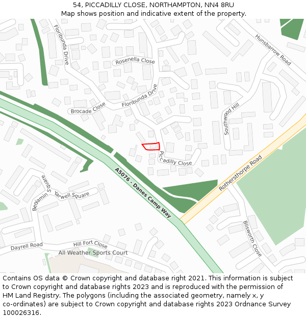 54, PICCADILLY CLOSE, NORTHAMPTON, NN4 8RU: Location map and indicative extent of plot