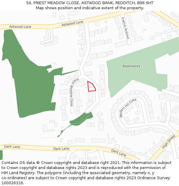 54, PRIEST MEADOW CLOSE, ASTWOOD BANK, REDDITCH, B96 6HT: Location map and indicative extent of plot