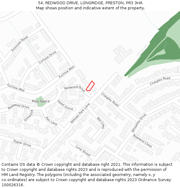 54, REDWOOD DRIVE, LONGRIDGE, PRESTON, PR3 3HA: Location map and indicative extent of plot