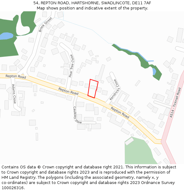 54, REPTON ROAD, HARTSHORNE, SWADLINCOTE, DE11 7AF: Location map and indicative extent of plot
