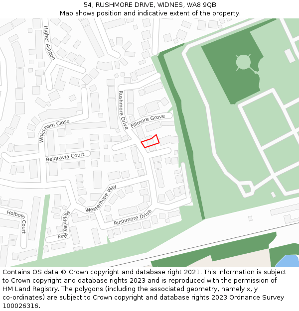54, RUSHMORE DRIVE, WIDNES, WA8 9QB: Location map and indicative extent of plot