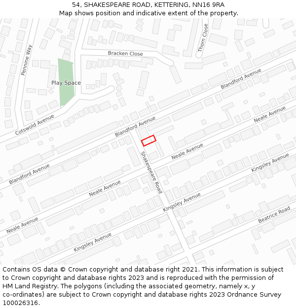 54, SHAKESPEARE ROAD, KETTERING, NN16 9RA: Location map and indicative extent of plot