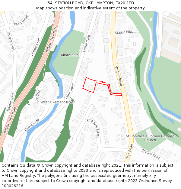 54, STATION ROAD, OKEHAMPTON, EX20 1EB: Location map and indicative extent of plot