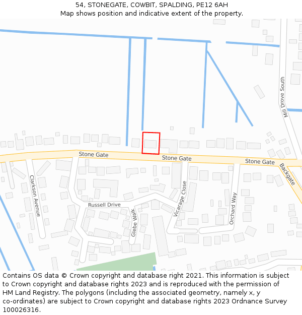 54, STONEGATE, COWBIT, SPALDING, PE12 6AH: Location map and indicative extent of plot